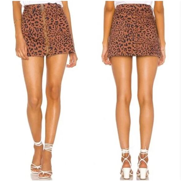 Free People Leopard Denim Mini Skirt Size 24 Brown Animal Print Coquette Mobwife - Picture 1 of 7